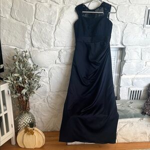 Jordan long navy lace and satin dress, sleeveless princess bodice front gathers
